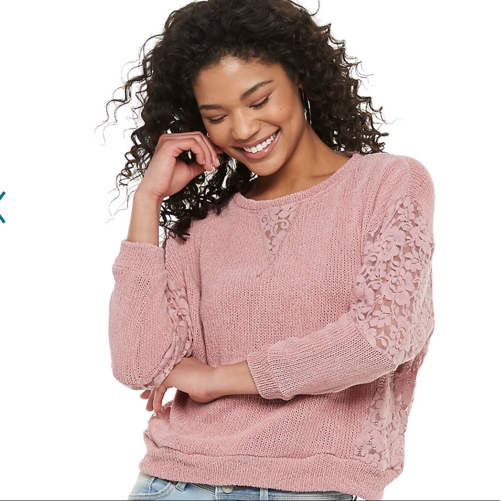 Rose colored Floral Lace trim sweater NWT 🌹small - Picture 2 of 4